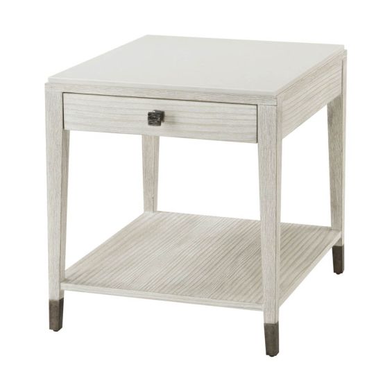 White wood side table with drawer and suspended shelf