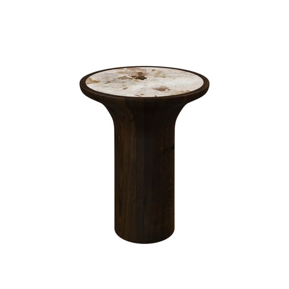 Small stylish brown wooden side table with marble top inlay
