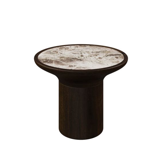 Stylish brown wooden side table with marble top inlay