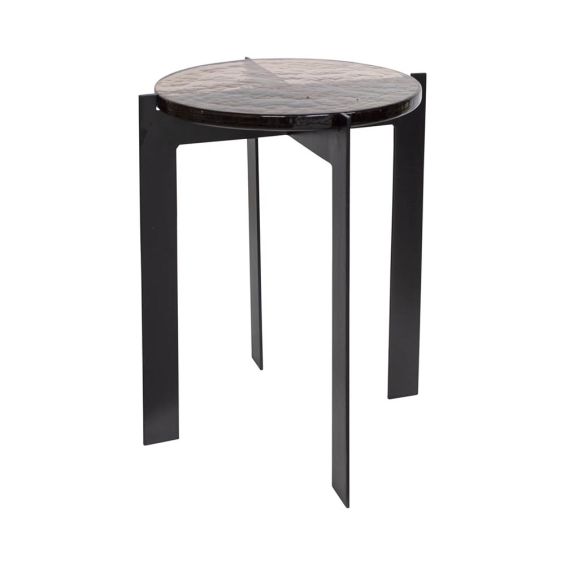 Side table with crossing legs shining through casted glass surface