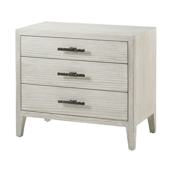 White washed three door bedside table with metal handles