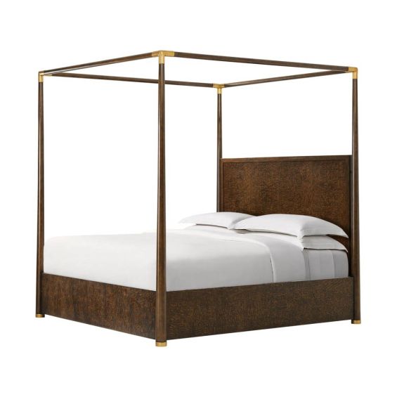 Dark brown ash veneer four poster bed with brass accents