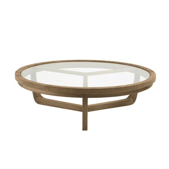 Circle, large, natural wood coffee table with glass table top