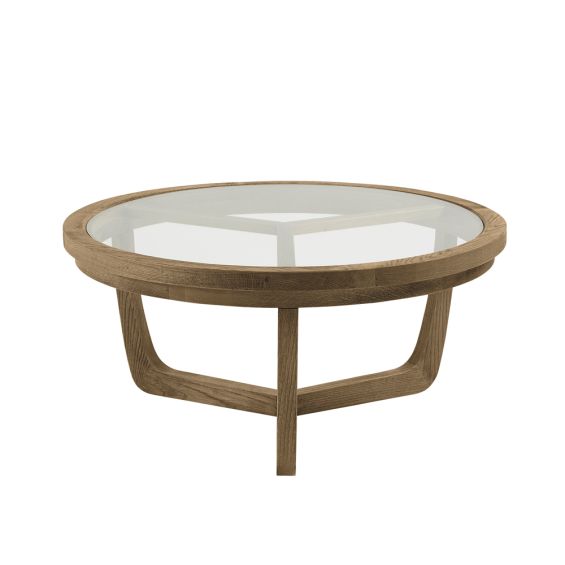 Natural wooden circular coffee table with glass table top