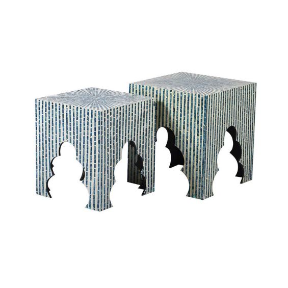 Set of 2 inlay stools with a white and blue striped pattern