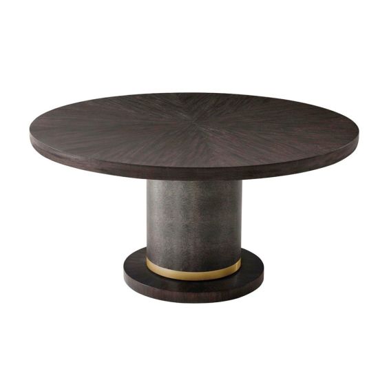 Rich, elegant wooden dining table with plinth base and brass accent