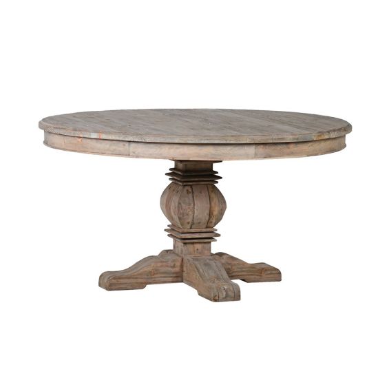 A gorgeous round dining table crafted from reclaimed, weathered pine with an aged finish 