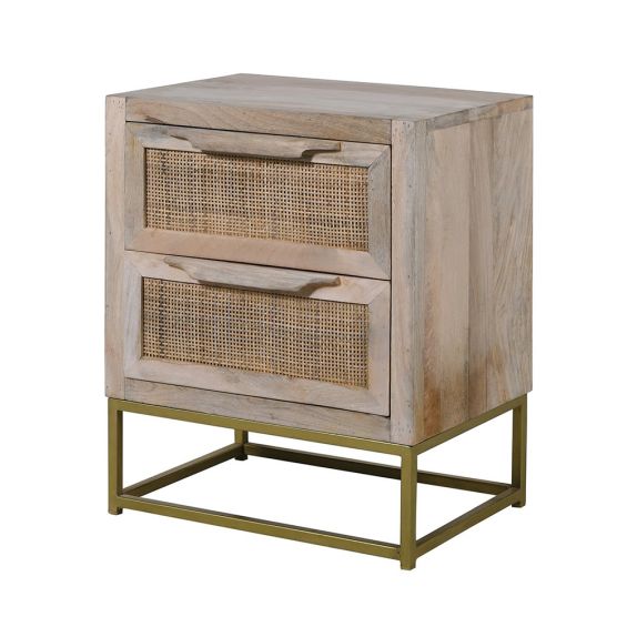 Rattan cane two drawer bedside table on golden base