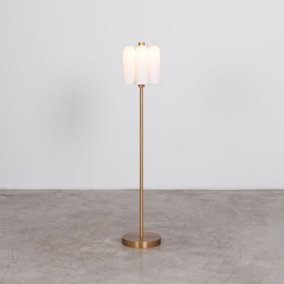 A glamorous industrial lacquered burnished brass 6 bulb LED floor lamp