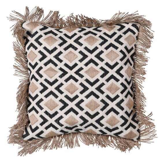 Geometric print cushion with brown fringing 