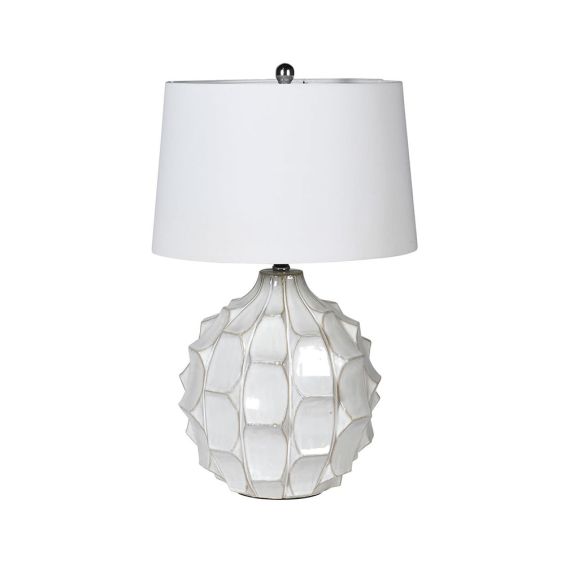 A unique table lamp featuring a hexagonal textured base with a beautiful white finish
