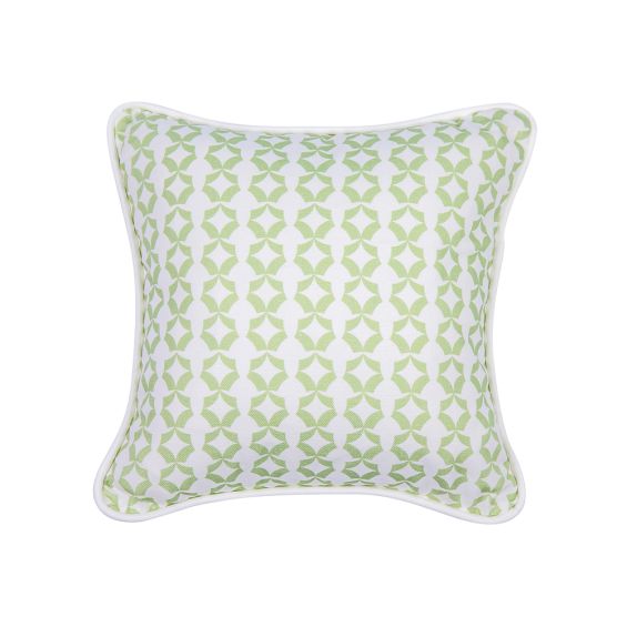 A gorgeous children's cushion with a unique pattern, light green colour and finished with white piping 