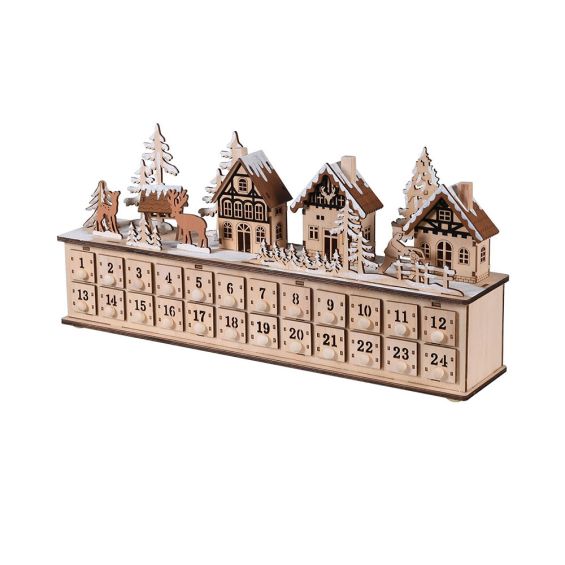 Beautiful wooden advent calendar with town scene and pull out drawers