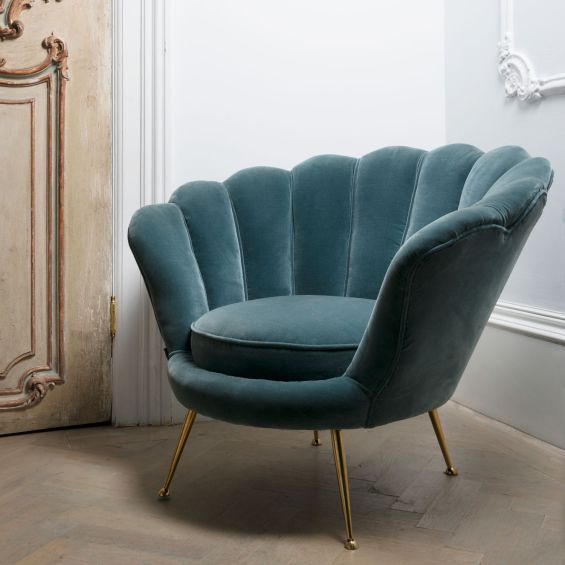 Turquoise art-deco inspired chair with shell design back and gold legs