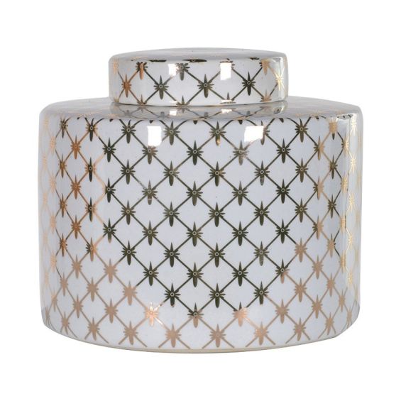 Glazed white and gold trellis patterned tea jar