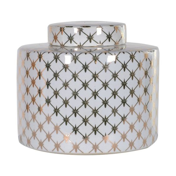 Glazed white and gold trellis patterned tea jar