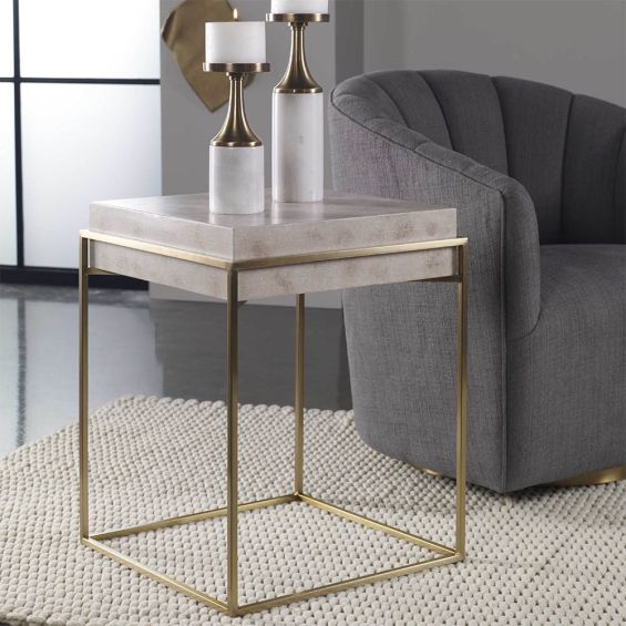 Side table with grey sunken stone top with brass frame