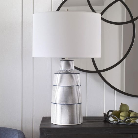 Navy blue and white striped glazed lamp