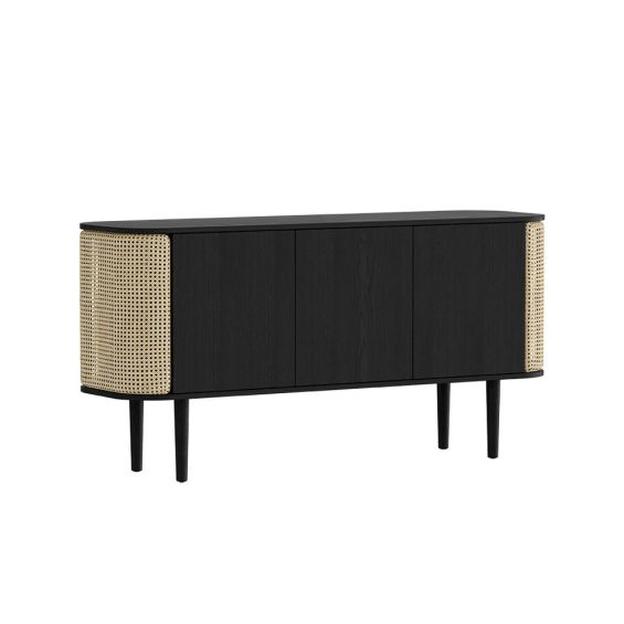 A stunning black oak and cane 3-door cabinet with contrasting rattan detailing