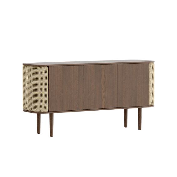 A luxurious natural brown oak and cane 3-door cabinet with rattan detailing