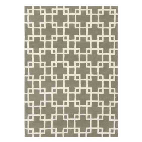 Hand-tufted interlocking square designed patterned wool rug in brown