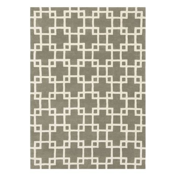 Hand-tufted interlocking square designed patterned wool rug in brown