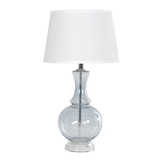 Blue glass table lamp with white silk shade