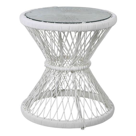 White hourglass side table in rattan with glass top
