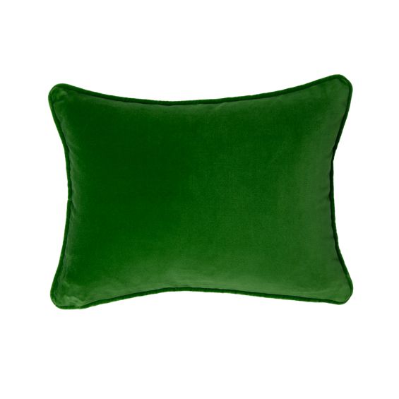 A luxurious dark green velvet cushion with a rectangular shape 