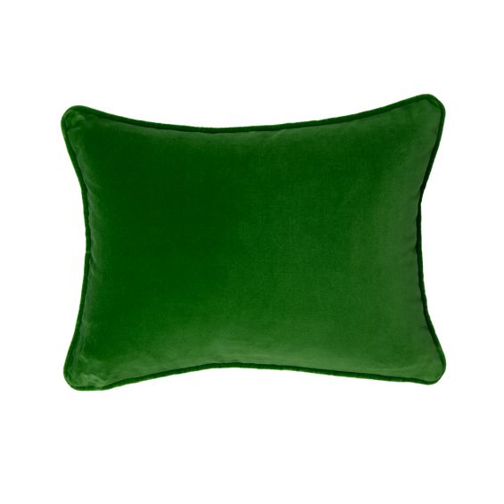 A luxurious dark green velvet cushion with a rectangular shape 