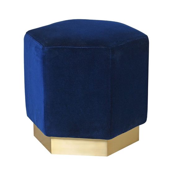 blue velvet hexagonal pouffe with brushed gold plinth 