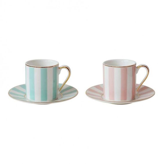 Set of two blue and pink striped espresso cups with gorgeous packaging