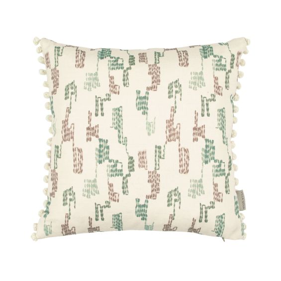 a beautiful handstitched cushion with a bobble fringe 
