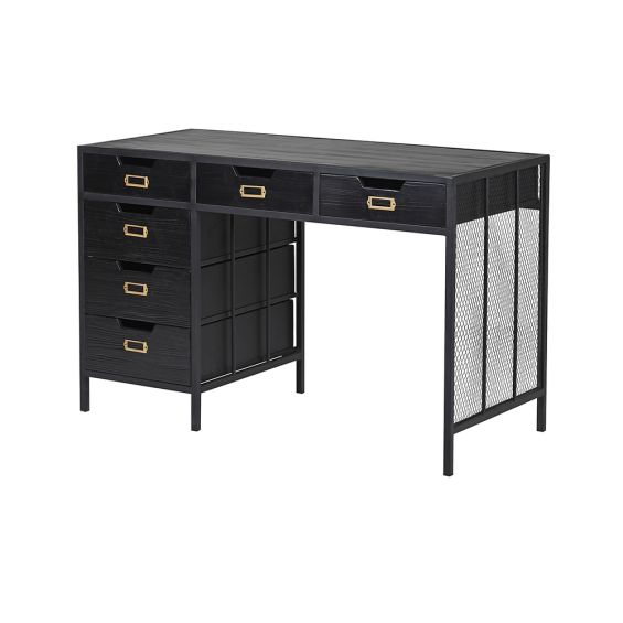 A black, industrial style desk with six drawers and brass detailing