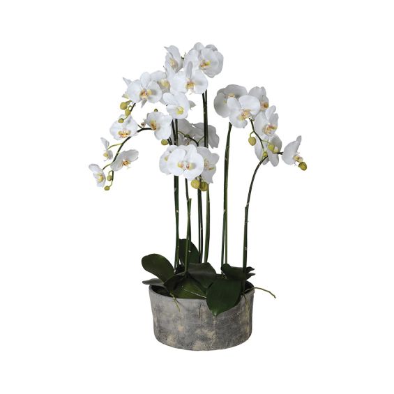 A lovely artificial white orchid arrangement in a grey planter