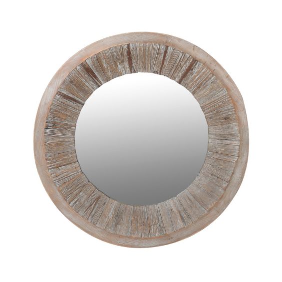 A round and rustic wall mirror crafted from wood 