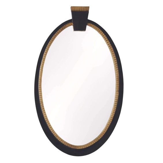 Black oval wooden mirror with brass detailing on inner circle