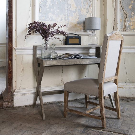 Beautiful desk with shelf and crossed legs in an oak finish with bluestone top.