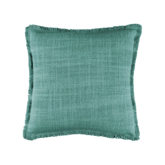 Jade green cushion in chunky textured weave and frayed edging