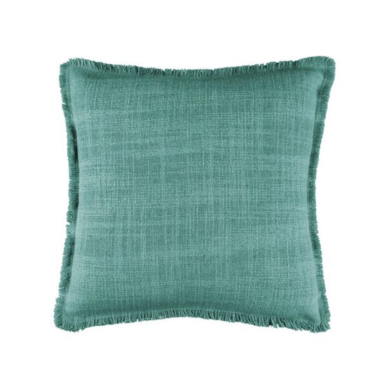 Jade green cushion in chunky textured weave and frayed edging