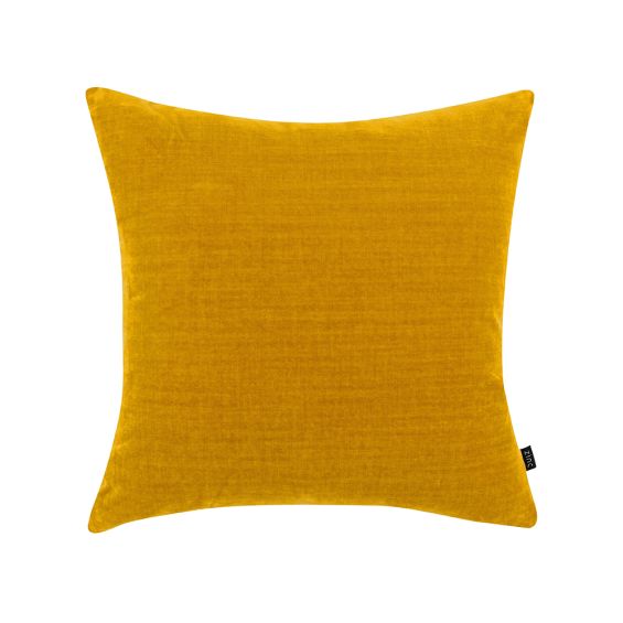 A bright and vibrant mustard coloured cushion with a luxurious velvet finish and soft texture