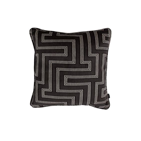A luxury labyrinth style cushion with a black velvet cover 
