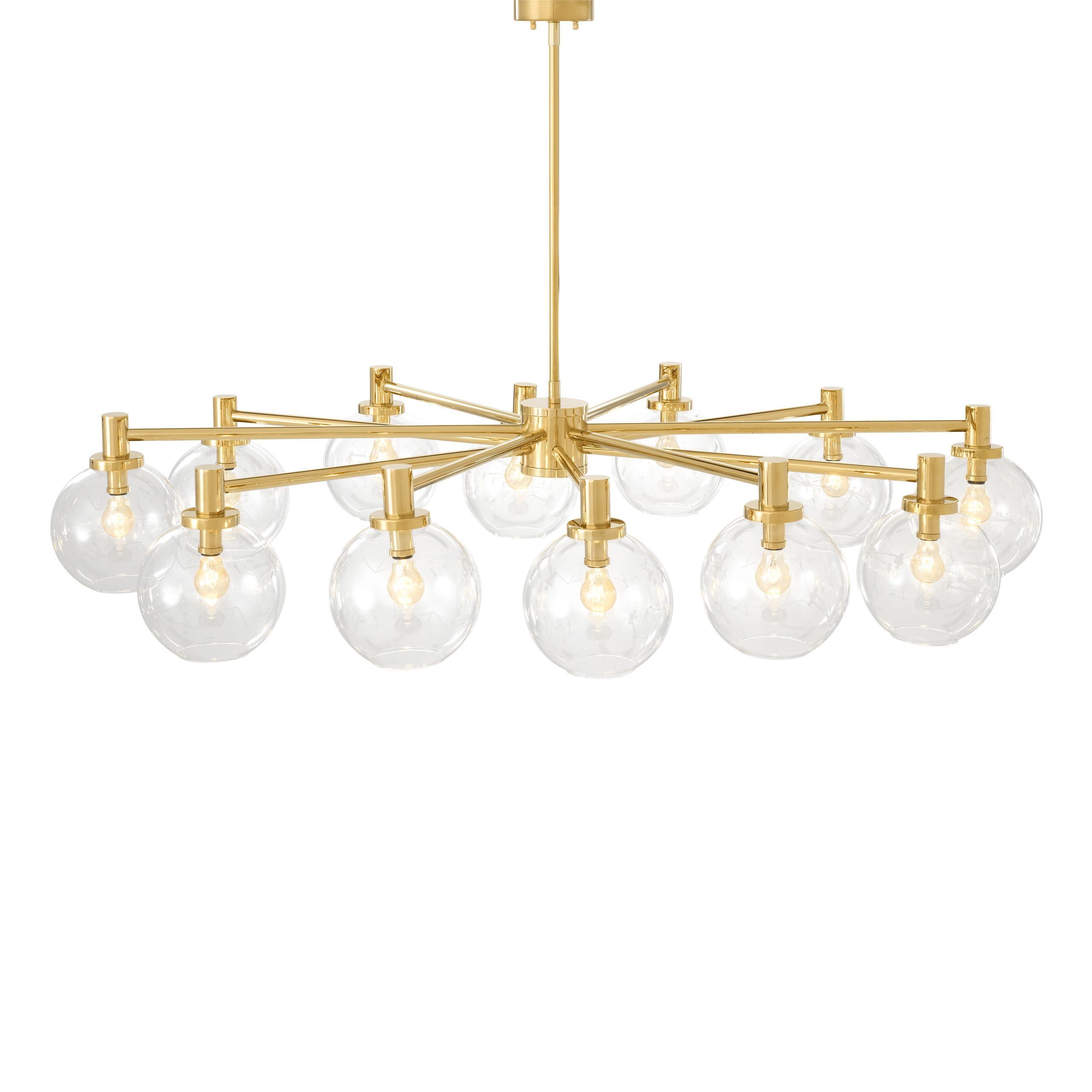 Gold, art deco style 12 glass globe chandelier