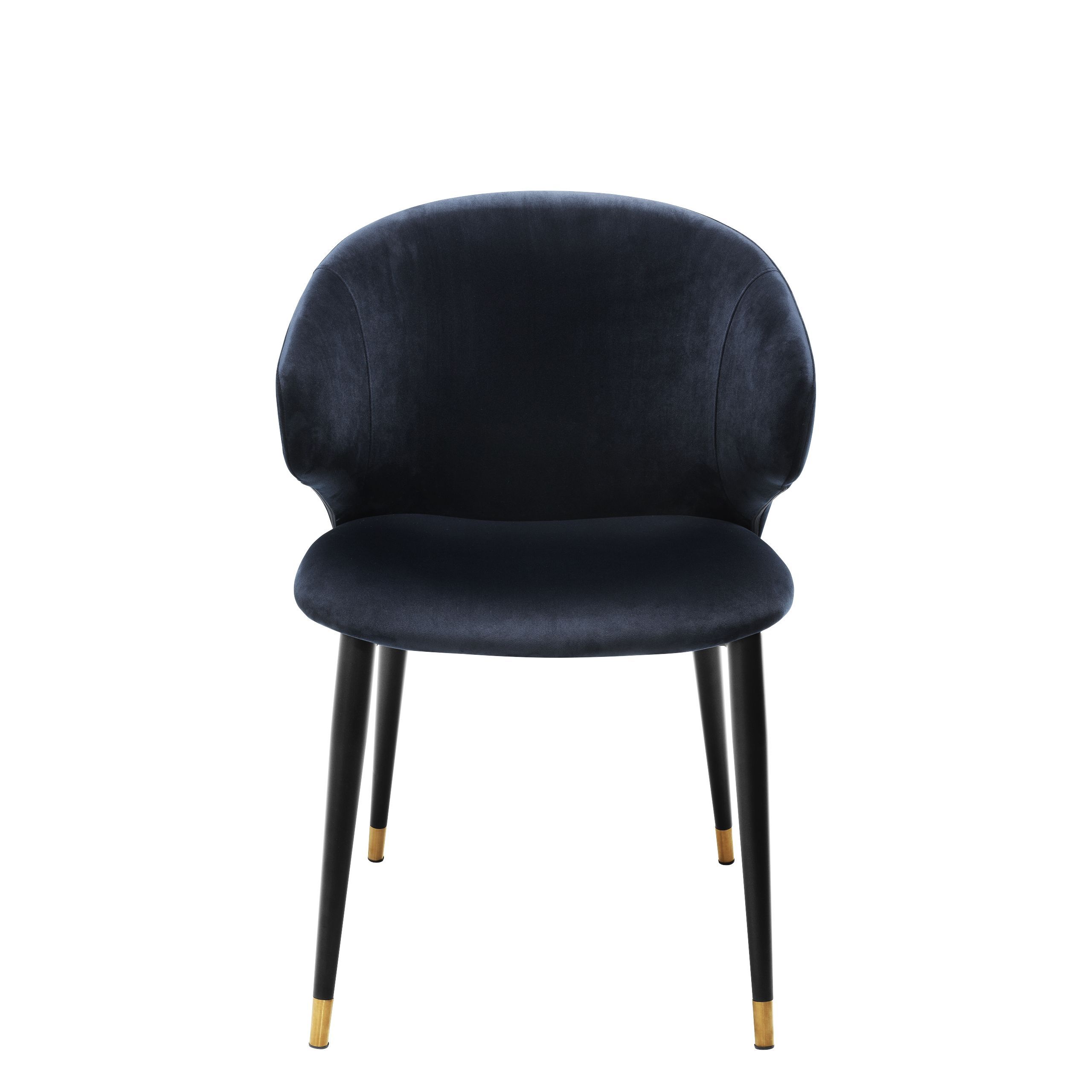 Luxury midnight blue velvet dining chair with black and gold tapered legs