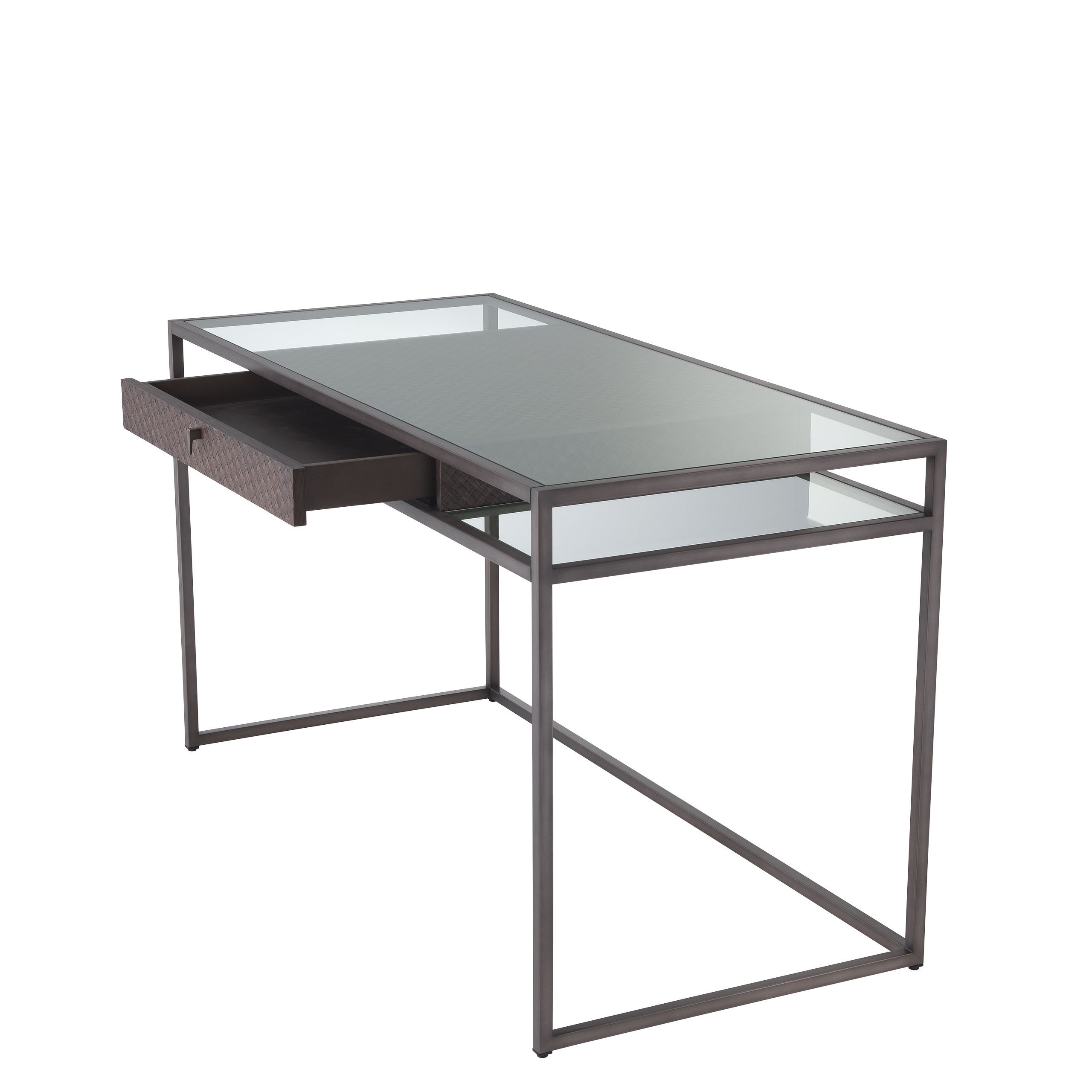 glass desk with glass tabletop and woven oak veneer drawer