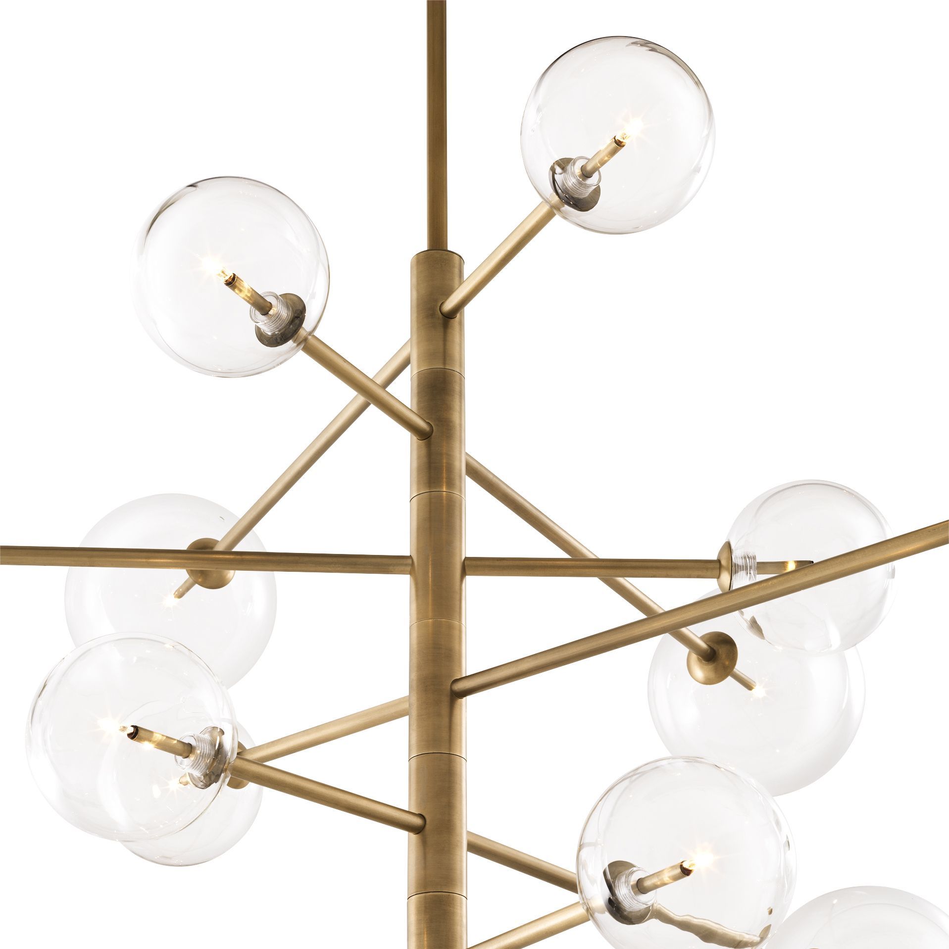 Large retro, asymmetrical design antique brass chandelier with large bulb design