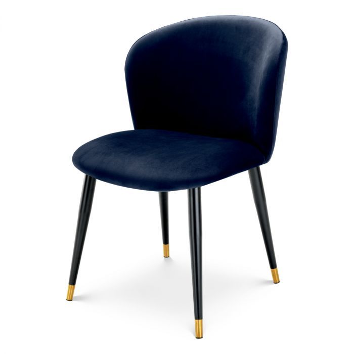 Midnight blue velvet upholstered dining chair, with black legs
