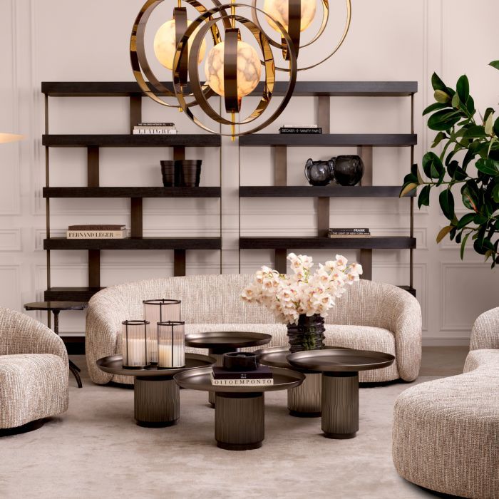 Spacious shelves with 5 levels and geometric accents, finished in charcoal grey