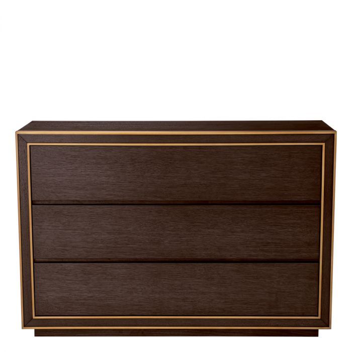 The Camelot Dresser, finished in brown oak veneer and accented with brushed brass rims, adds Art Deco-inspired elegance to both monochromatic and vibrant spaces.