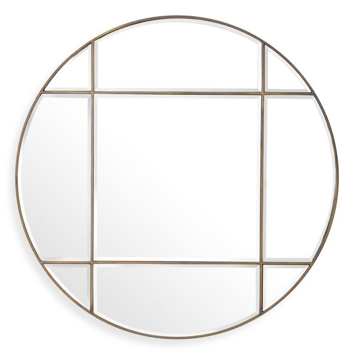 Circular wall mirror with antique brass frame
